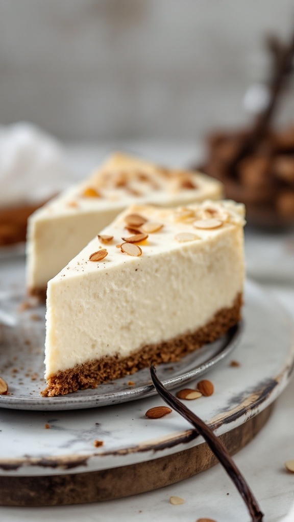 A slice of vanilla almond cottage cheese cheesecake on a plate