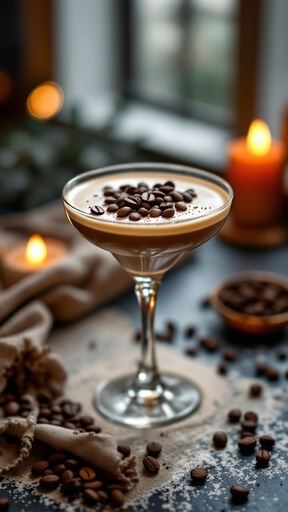 A stylish Vanilla Bean Espresso Martini garnished with coffee beans.