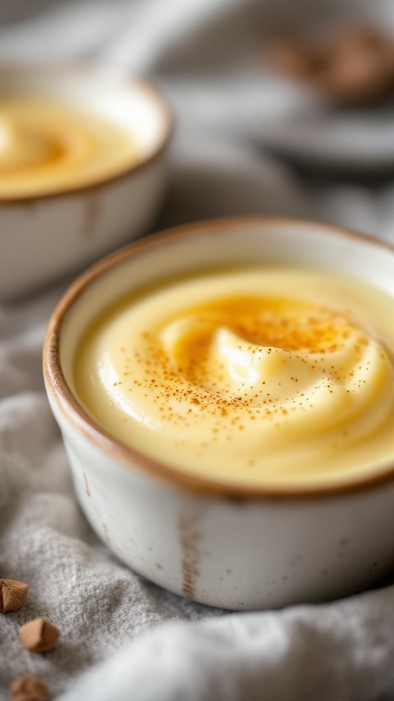 A smooth vanilla cottage cheese custard in a decorative bowl.