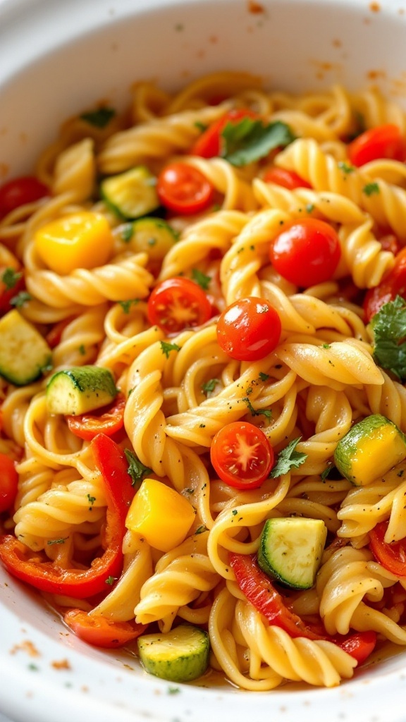 A colorful bowl of vegetable primavera pasta with rotini, zucchini, bell peppers, and cherry tomatoes.