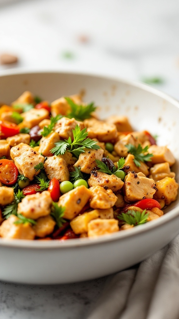 A colorful vegetarian chicken stir fry with various vegetables and garnished with cilantro.