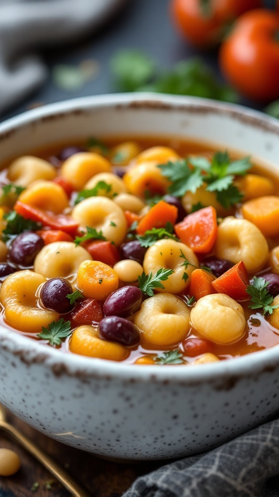 A hearty bowl of vegetarian gnocchi and bean soup with colorful vegetables and garnished with parsley.