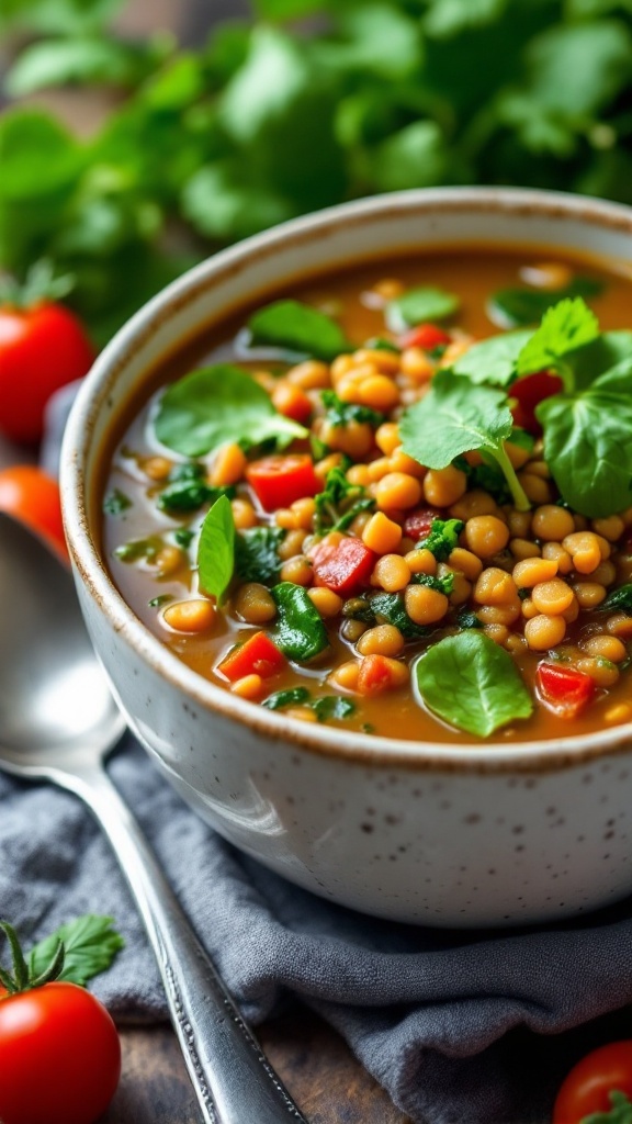 A bowl of vegetarian lentil soup with spinach, topped with fresh herbs and tomatoes on the side.