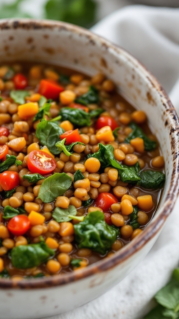 A bowl of Vegetarian Lentil Stew with Spinach, featuring lentils, fresh spinach, and diced vegetables.