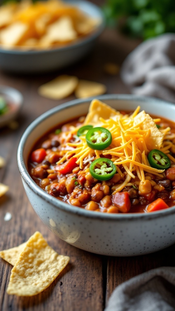 A bowl of vegetarian taco chili topped with cheese and jalapeños, served with chips.