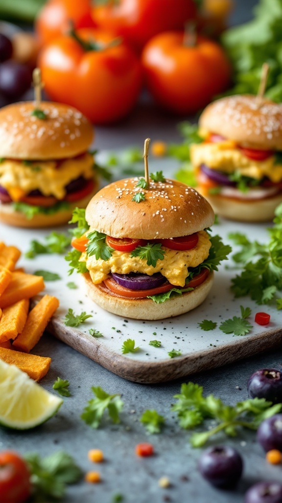 Veggie and hummus sliders with fresh vegetables and cilantro, perfect for game day.