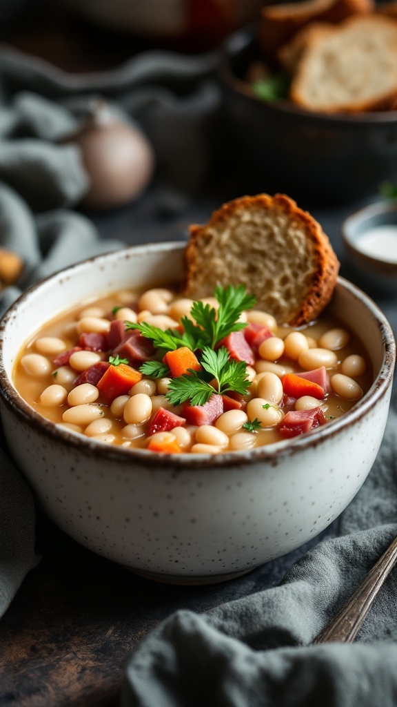 A bowl of white bean and ham soup garnished with parsley and served with bread.