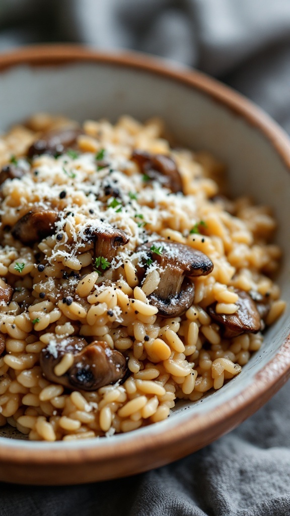 A bowl of creamy wild mushroom risotto topped with grated Parmesan cheese and garnished with fresh herbs.