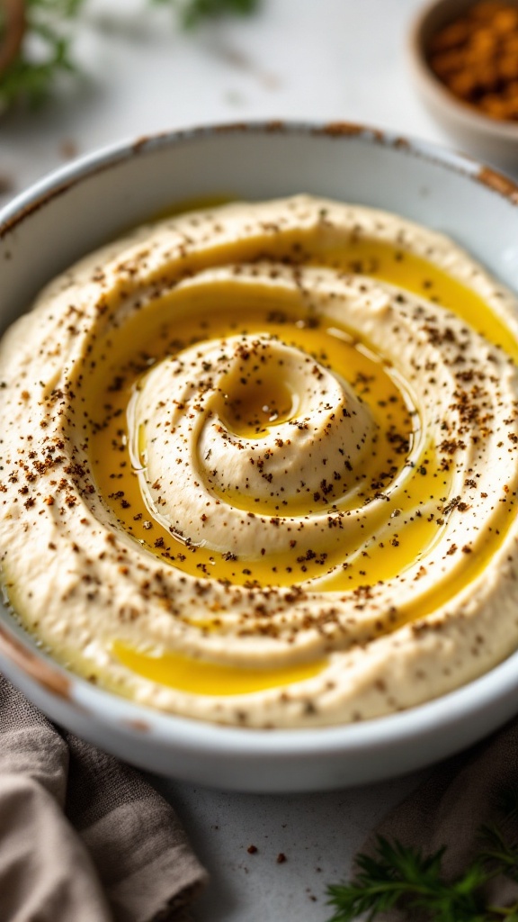 A creamy swirl of zeatar hummus garnished with olive oil and spices.