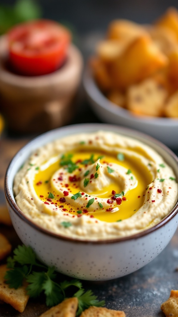 A creamy hummus dip topped with olive oil and parsley, served with pita chips.