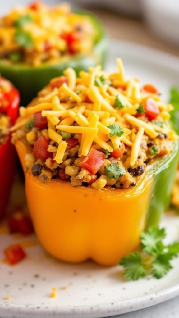 Colorful taco stuffed peppers on a plate, topped with cheese and green onions.