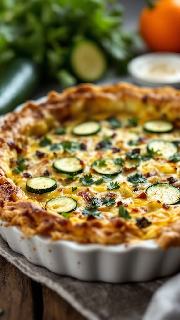 A delicious zucchini and onion quiche with a golden crust and topped with fresh herbs.