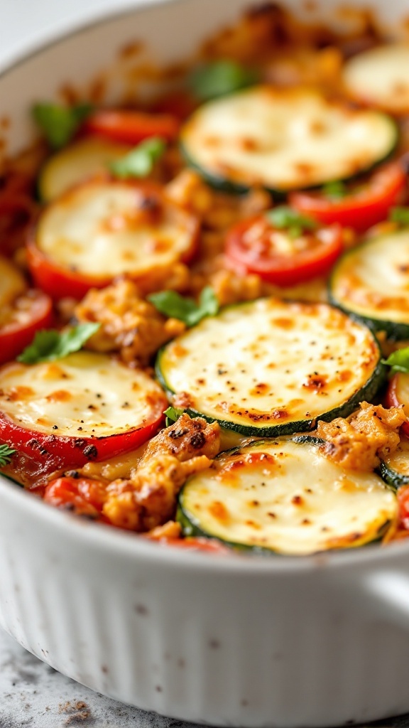 A delicious Zucchini and Tomato Casserole topped with melted mozzarella cheese.