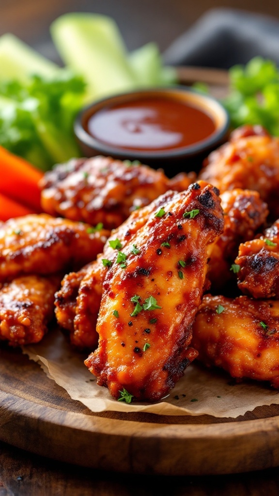 Delicious air fryer BBQ chicken wings served with celery and carrots