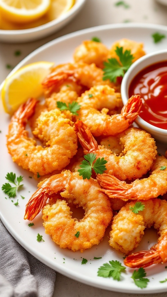 Plate of crispy breaded shrimp garnished with parsley and served with a dipping sauce.