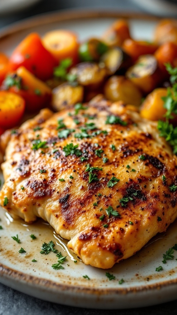 A plate of air fryer chicken breast with seasoned vegetables