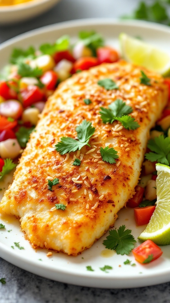 A plate of crispy coconut breaded tilapia served with a fresh salad and lime wedges.