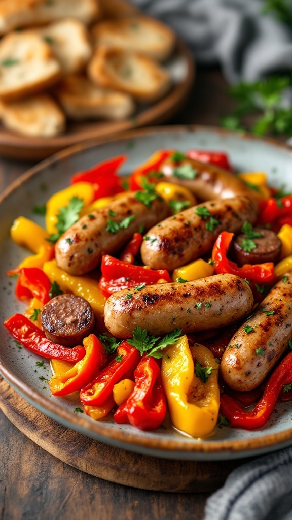 A plate of air fryer Italian sausage and peppers with colorful bell peppers.