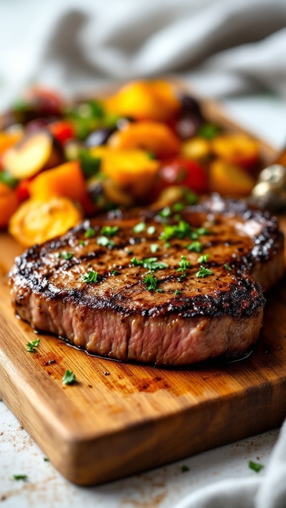 Deliciously cooked air fryer steak on a wooden board garnished with herbs.