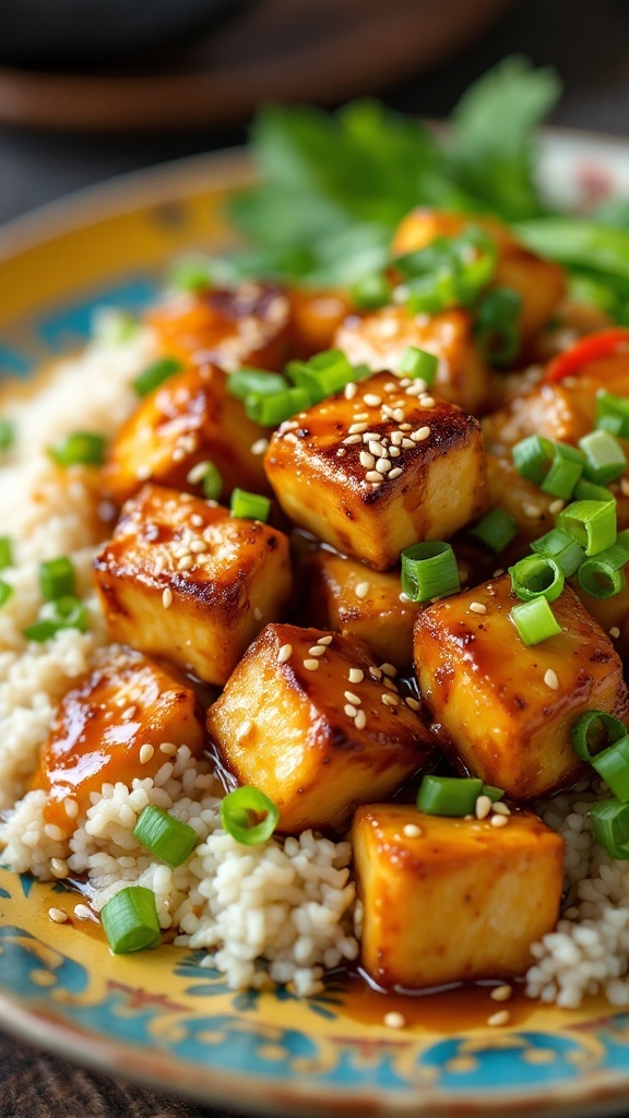 A plate of Air Fryer Teriyaki Tofu garnished with green onions and sesame seeds, served over rice.