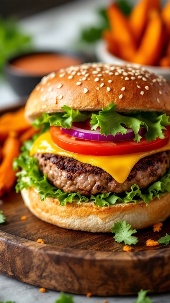 A close-up of a turkey burger with lettuce, cheese, tomato, and onion on a sesame seed bun.