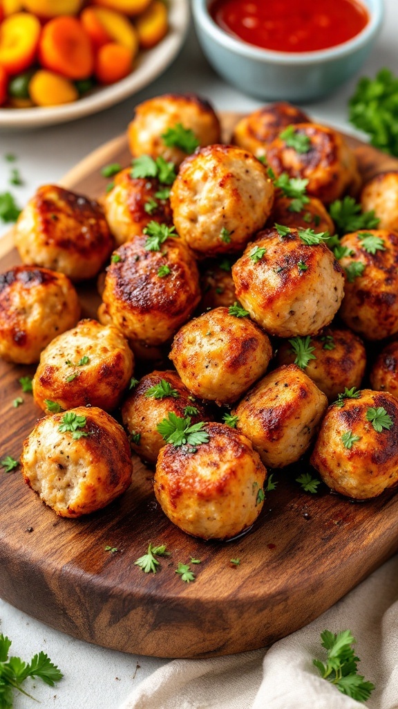 Deliciously cooked air fryer turkey meatballs on a wooden platter.