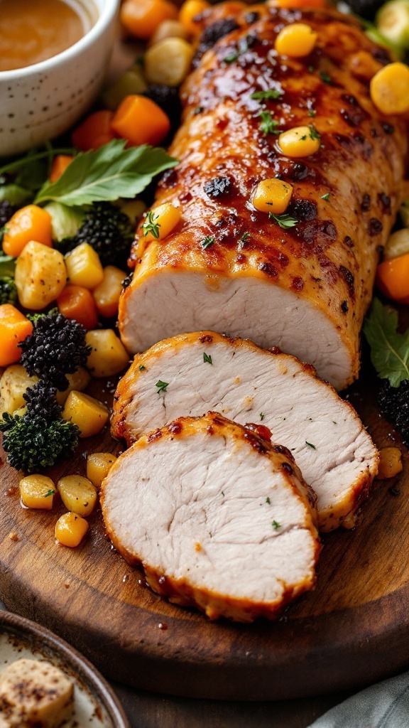 A delicious apricot-glazed pork tenderloin served on a wooden platter with vibrant vegetables.