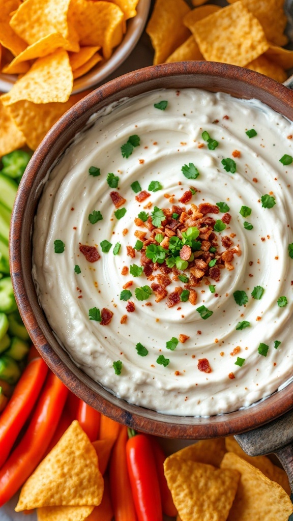 A creamy bacon ranch dip garnished with green onions and bacon bits.