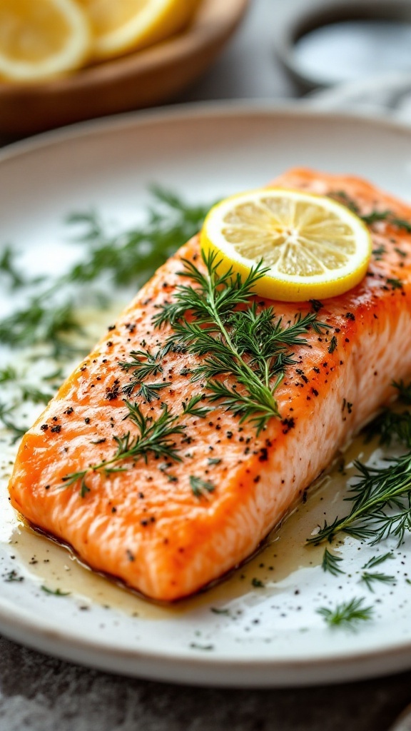 Baked salmon with dill and lemon on a plate