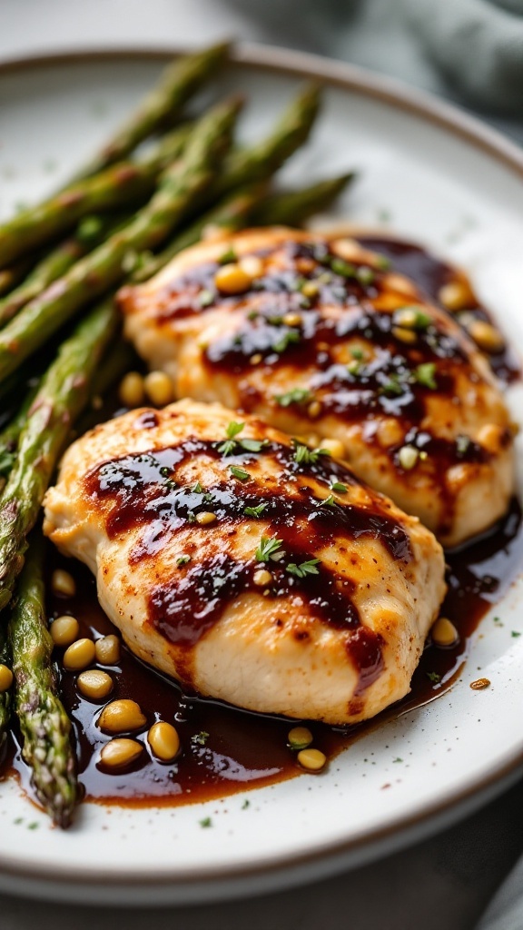 Balsamic glazed chicken with roasted asparagus on a plate