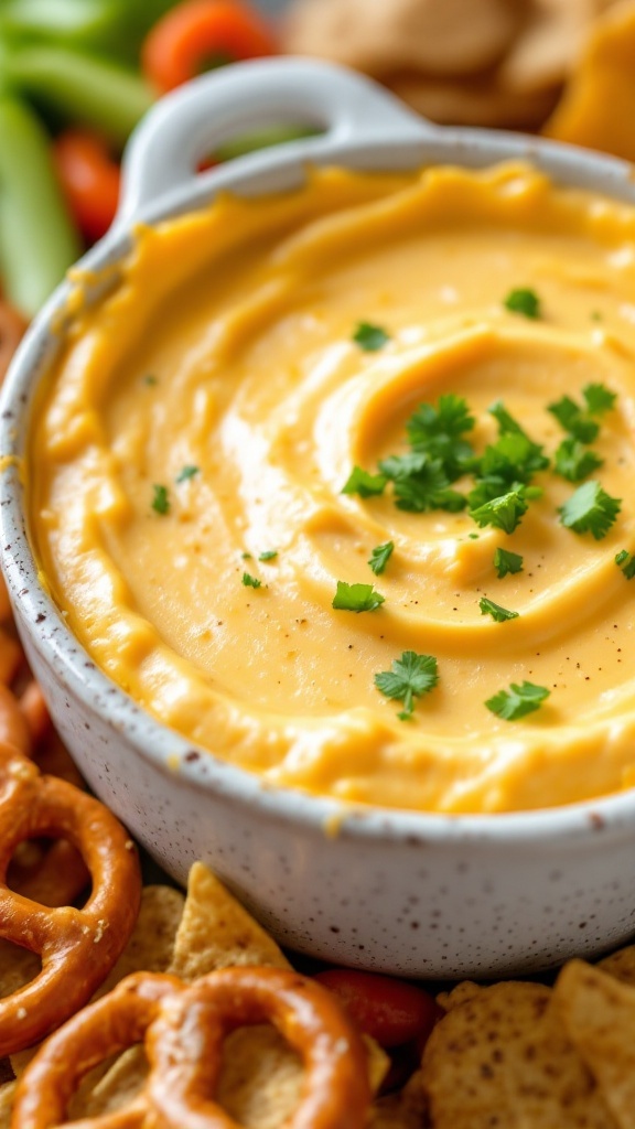 A creamy beer cheese dip served with tortilla chips and pretzels.