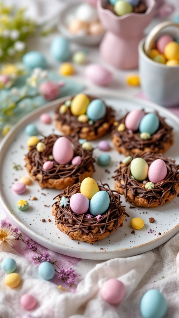 Colorful Birds' Nest Cookies decorated with chocolate and candy eggs.