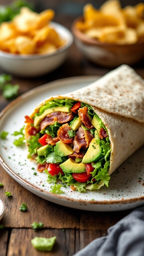 A wrapped BLT avocado tortilla with greens and bacon, placed on a plate.