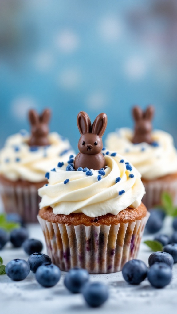 Blueberry Bunny Bites cupcakes decorated with chocolate bunnies and blue sprinkles on a speckled white surface.