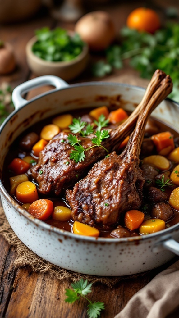 Braised lamb shanks with root vegetables in a pot