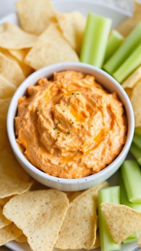 A creamy bowl of buffalo chicken dip surrounded by tortilla chips and celery sticks.