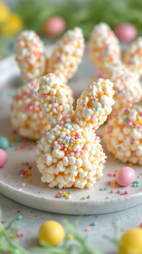 Bunny tail popcorn balls decorated with colorful sprinkles