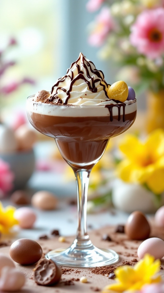 A delicious Cadbury Egg Martini topped with whipped cream and decorated with Cadbury mini eggs.