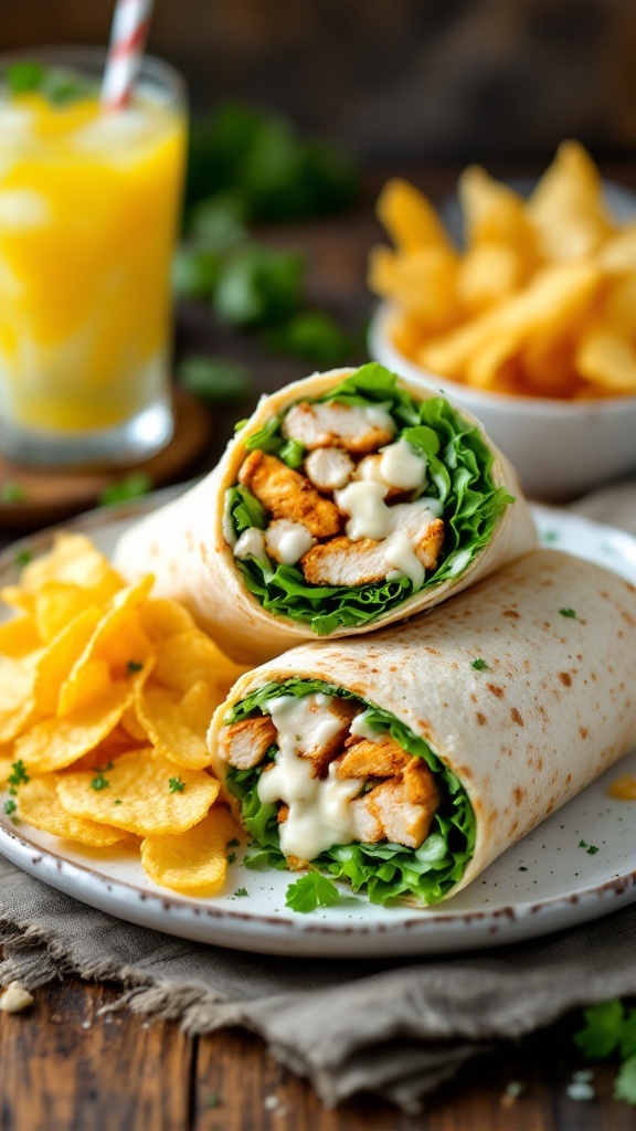 A delicious Caesar Chicken Wrap served with chips