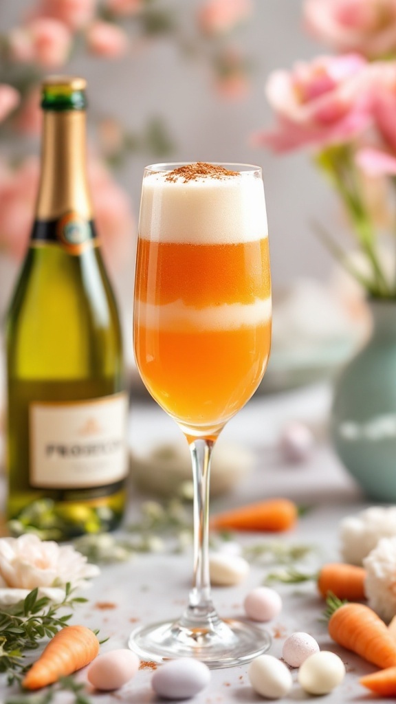 A festive Carrot Cake Mimosa cocktail garnished with cinnamon, perfect for Easter brunch.