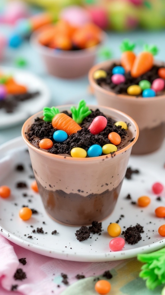 Colorful Carrot Patch Dirt Cups with chocolate pudding and candy decoration