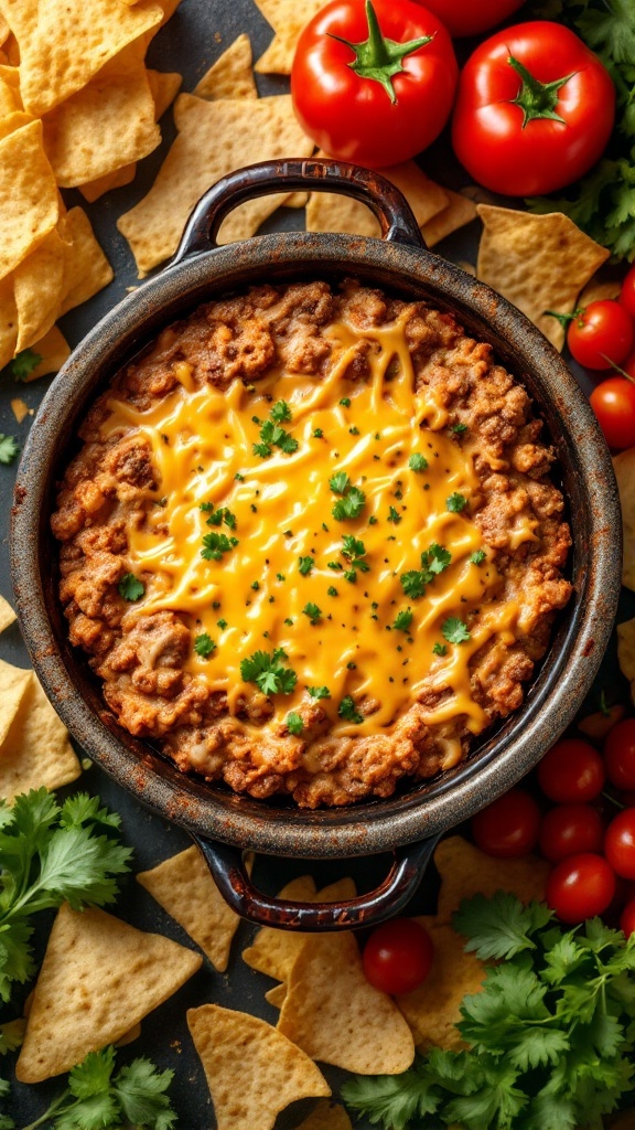 A warm cheeseburger dip surrounded by tortilla chips and fresh ingredients.