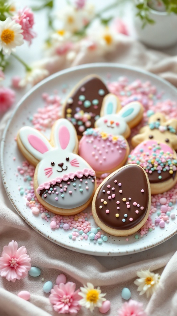 Decorative chocolate-dipped sugar cookies perfect for Easter.