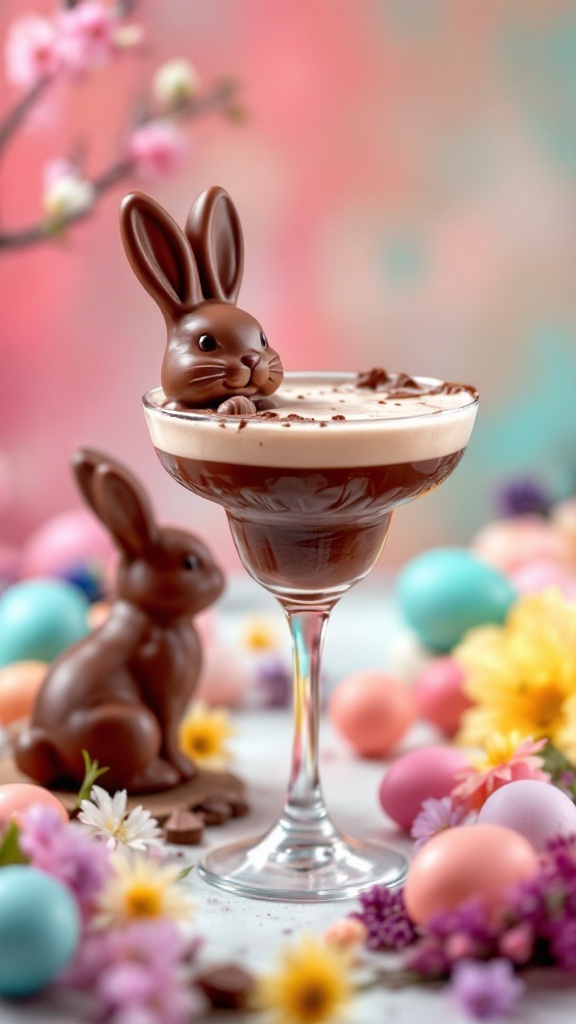 Chocolate Bunny Cocktail with chocolate liqueur, cream, and a chocolate bunny garnish