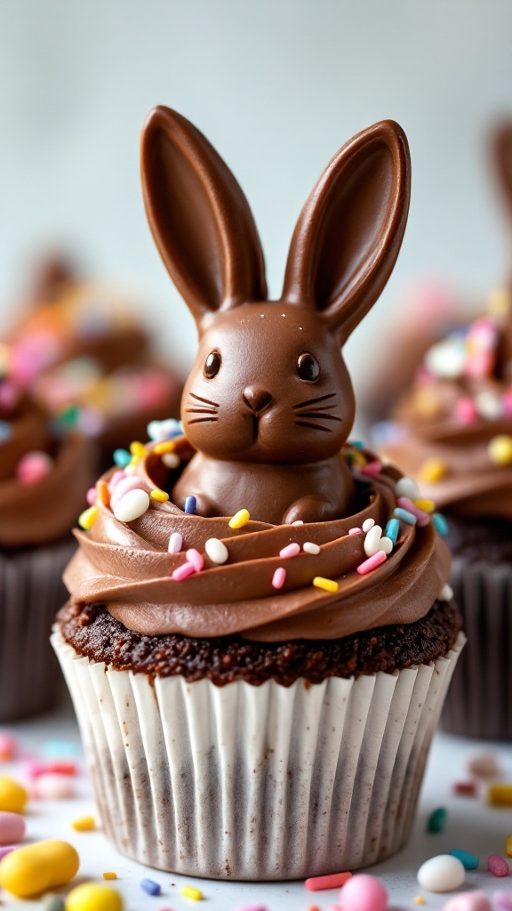 Chocolate Bunny Surprise Cupcakes with colorful sprinkles and chocolate bunnies on top