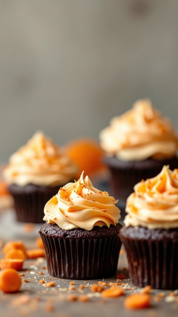 Chocolate Carrot Cupcakes with creamy frosting on a speckled white surface