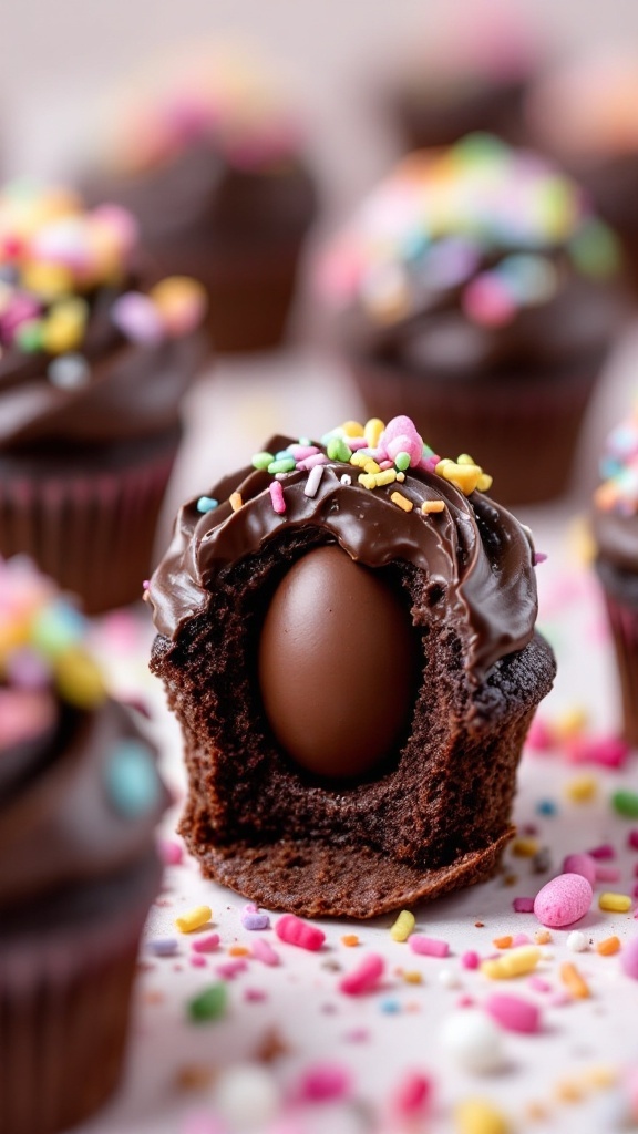 Chocolate cupcakes topped with icing and sprinkles, featuring a hidden chocolate egg surprise inside.