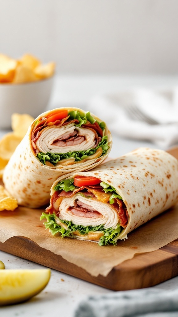 A classic club wrap with turkey, bacon, lettuce, and tomato