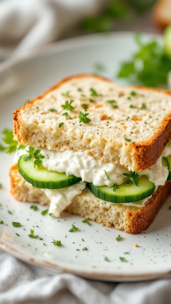 Classic cucumber sandwiches with cream cheese on a plate