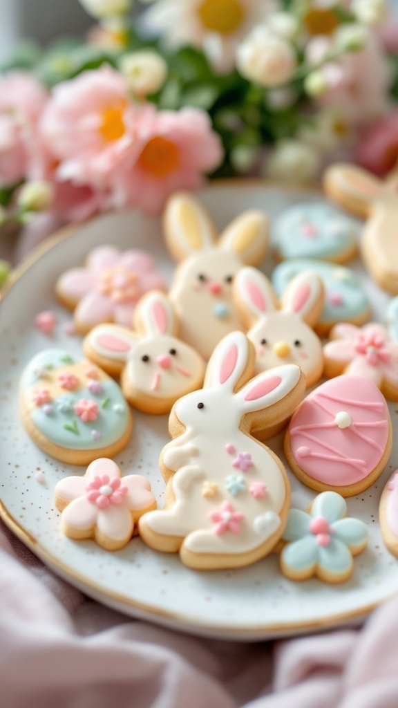 Decorated Easter sugar cookies shaped like bunnies and flowers